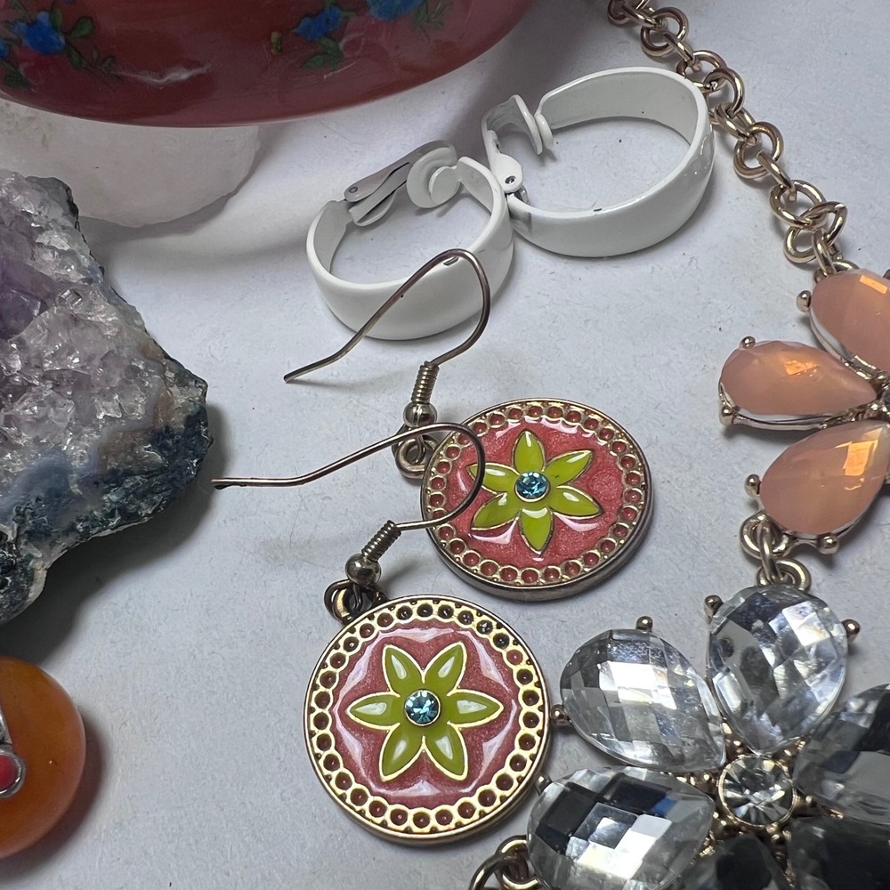 vtg - Modern Jewelry Orange Flowercore Bib Necklace Enamel Earrings Bangle‎ Cuff - Picture 5 of 16